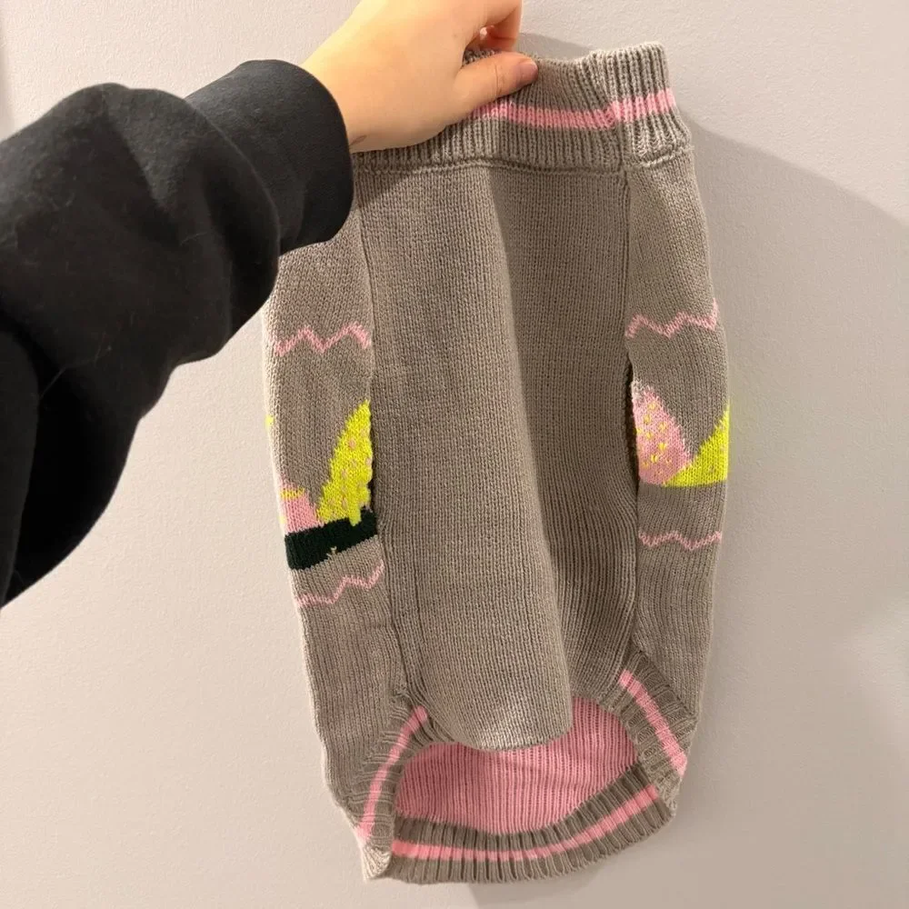 Grey Knit Dog Sweater with Colorful Tree Design - L